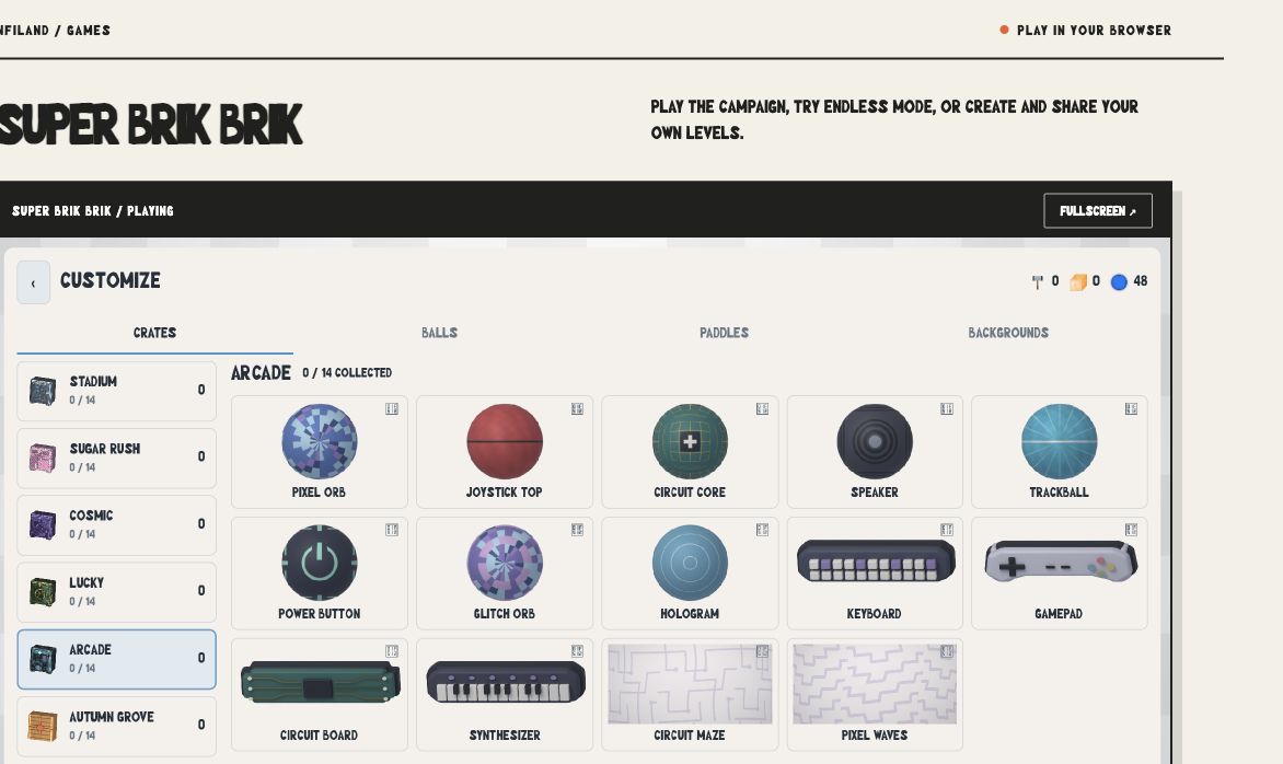Super Brik Brik 1.1 collection rail, compact item grid and selected collection actions