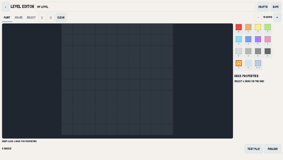 Desktop level editor with brick inventory and power-up properties beside the canvas