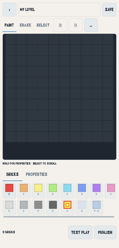 Narrow level editor layout with the brick palette below the canvas and Test Play in the footer